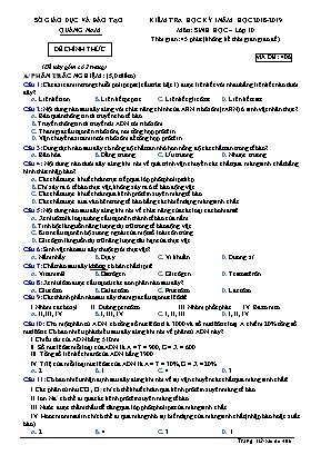 Đề kiểm tra học kỳ I môn Sinh học Lớp 10 - Mã đề 406 - Năm học 2018-2019 - Sở giáo dục và đào tạo tỉnh Quảng Nam
